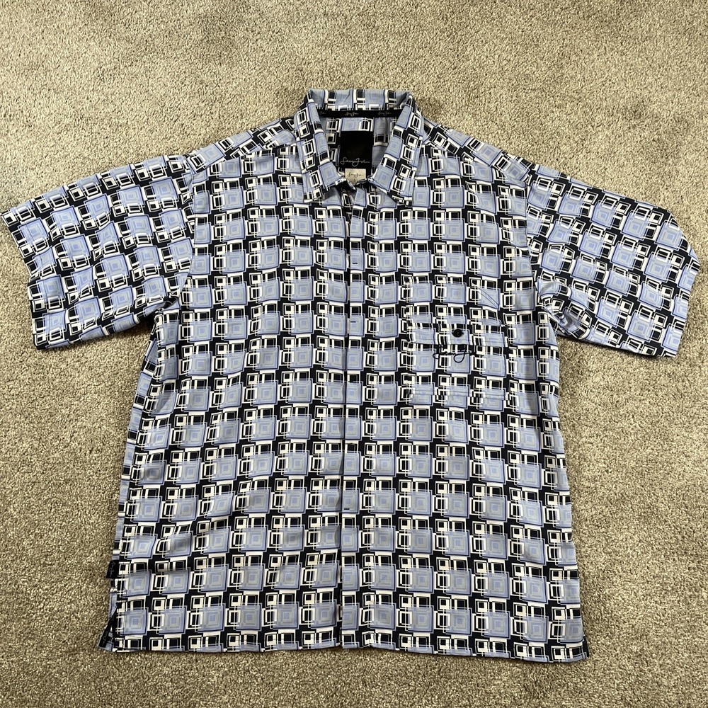 Sean John Short Sleeve Blue, Black‎ & White Plaid, 100% Polyester Button Up L